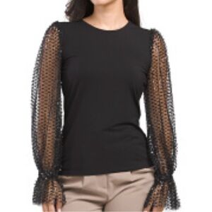 Elie Tahari long balloon mesh sleeves top black size XS